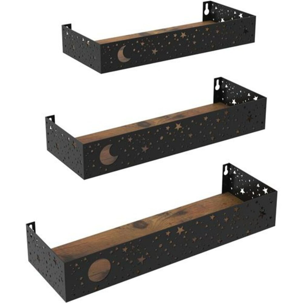 Moon and Stars Floating Wall Shelves Set of 3 Rustic Metal Wood Hanging Storage